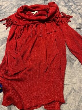 Studio Works Red Shimmer Fringe Cowl Neck Sweater